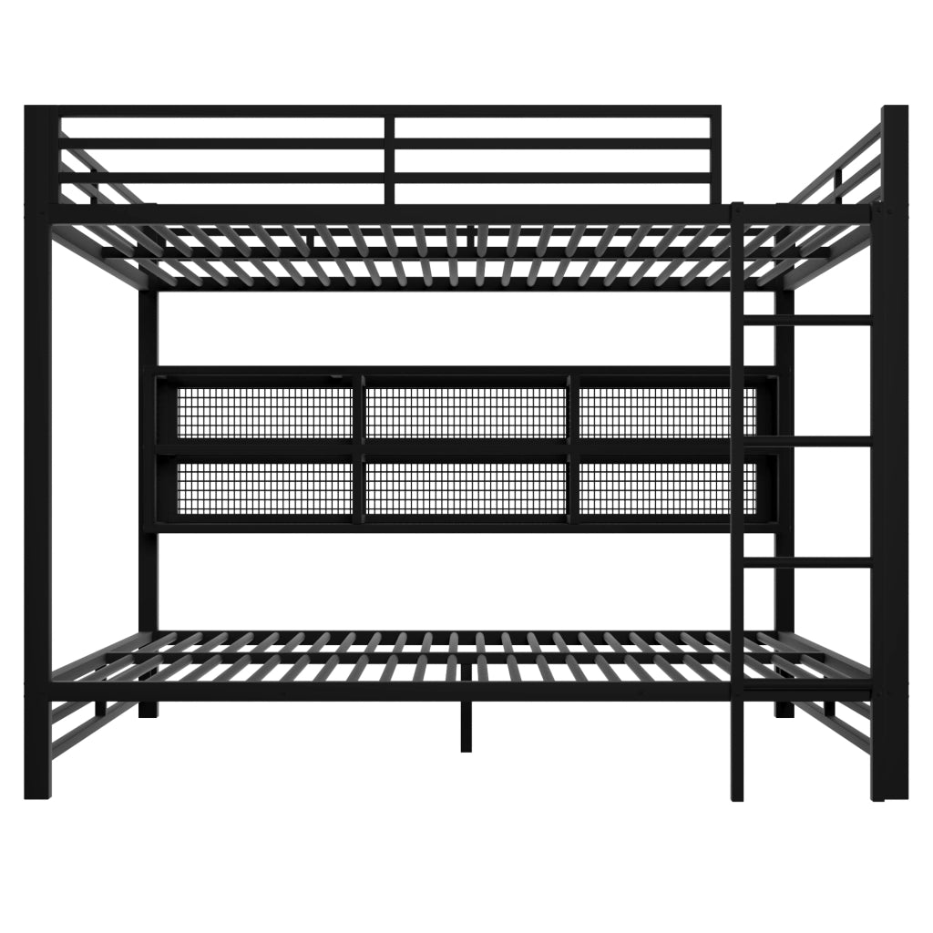 Letto a castello 140x200 in metallo nero con 6 armadietti e luce LED