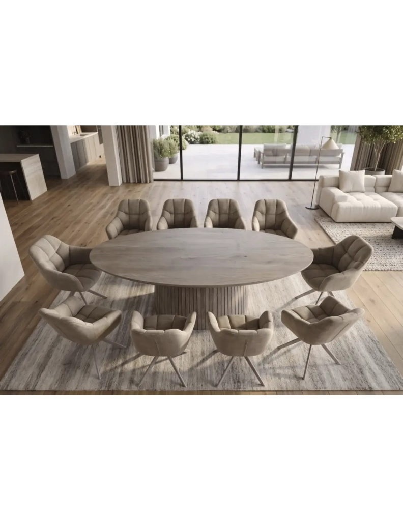 Tavolo da pranzo ovale ORINO 220 cm in legno massello di mango grigio con piede centrale scanalato – 10 posti