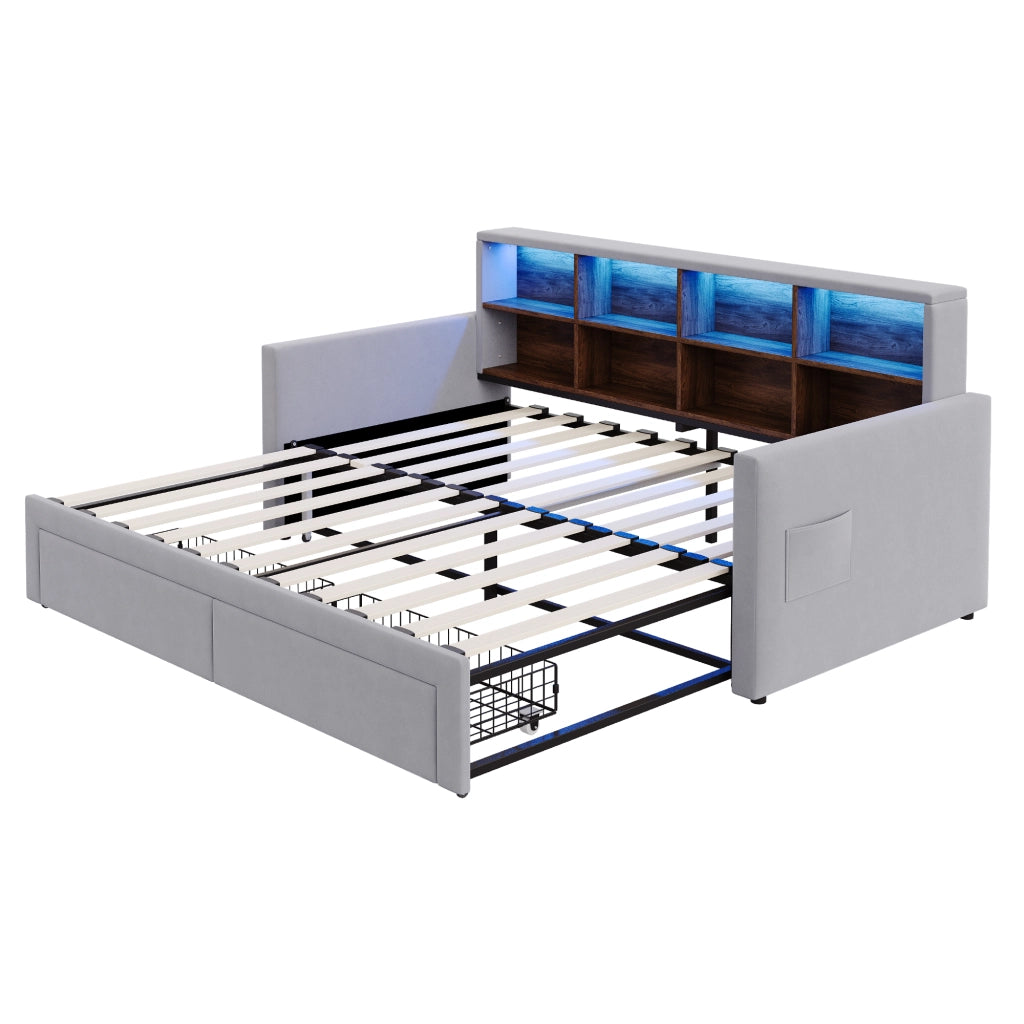 Letto imbottito estraibile 90x190 cm con contenitore, LED, prese USB/Tipo C, due cassetti e rete a doghe, velluto grigio chiaro