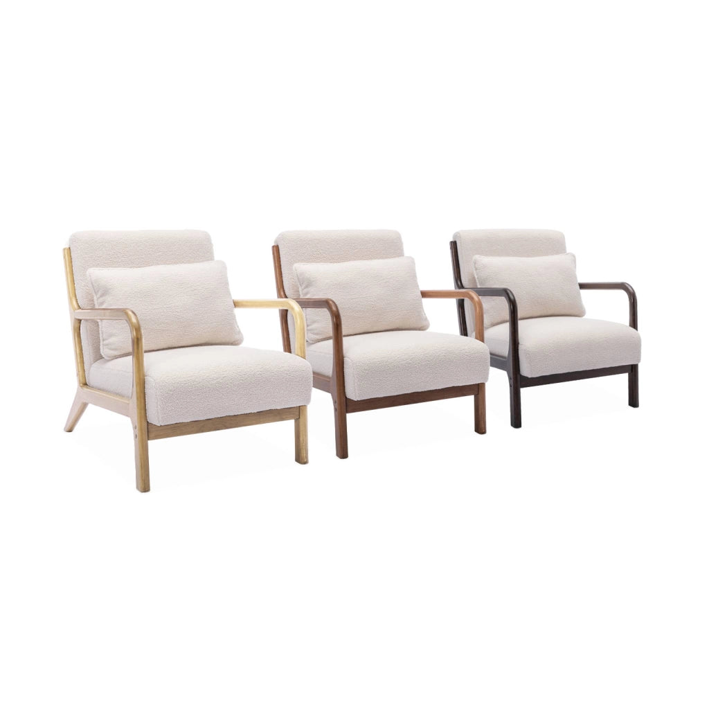 Poltrona scandinava in legno e tessuto bouclé, bianco