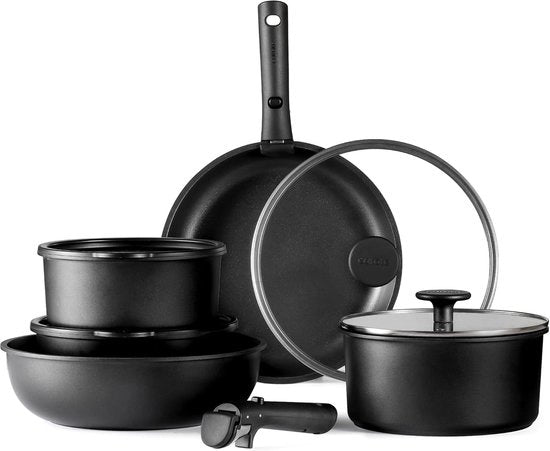 Set di pentole con maniglie rimovibili - set di 11 pentole - adatto per induzione - nero - rivestimento antiaderente