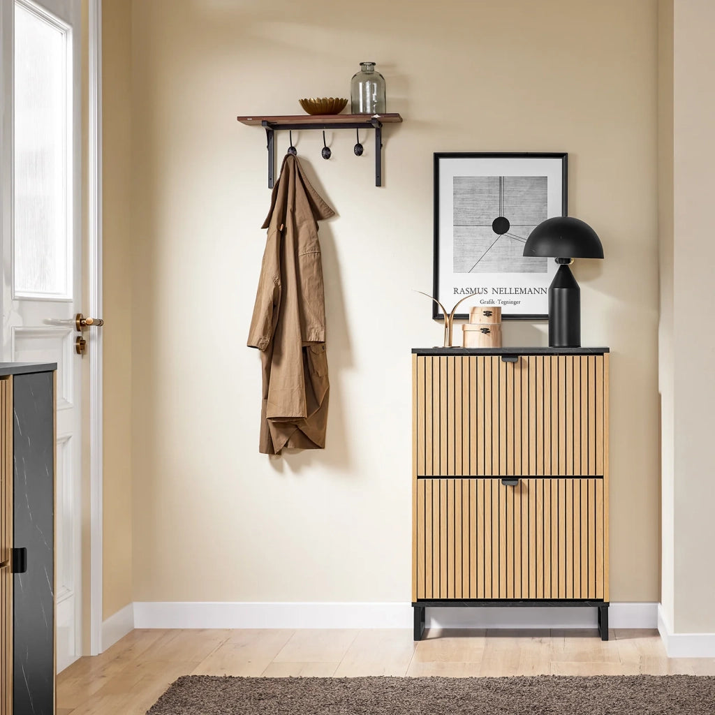 SoBuy Scarpiera Salvaspazio Slim a 2 Ante - Mobile Ingresso Moderno per Scarpe - Mobile Scarpiera da 8-12 Paia, con Struttura Resistente, Effetto Marmo Nero e Legno Chiaro, 60x24x88cm, FSR202-N