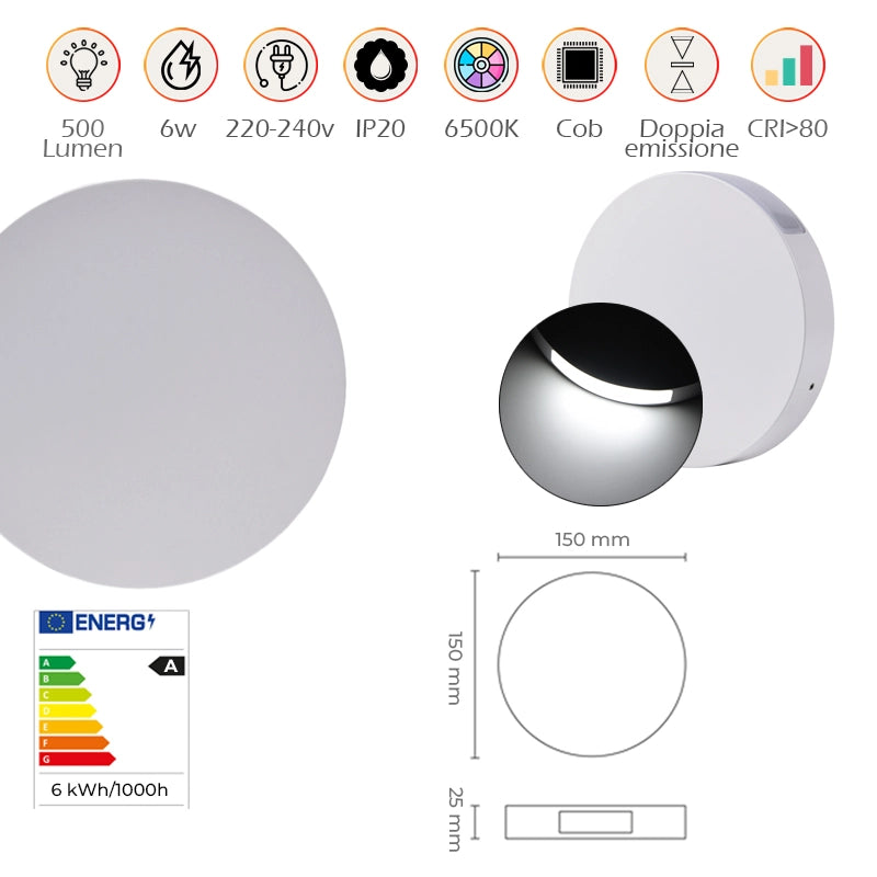 APPLIQUE SLIM LED 6W TONDA BI-EMISSIONE 6500K° - DESIGN MINIMAL IDEALE PER ARREDI MODERNI