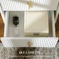 Comodino con 2 Cassetti in Legno con Maniglie e Gambe in Metallo, 40x40x47 cm, Bianco e Oro