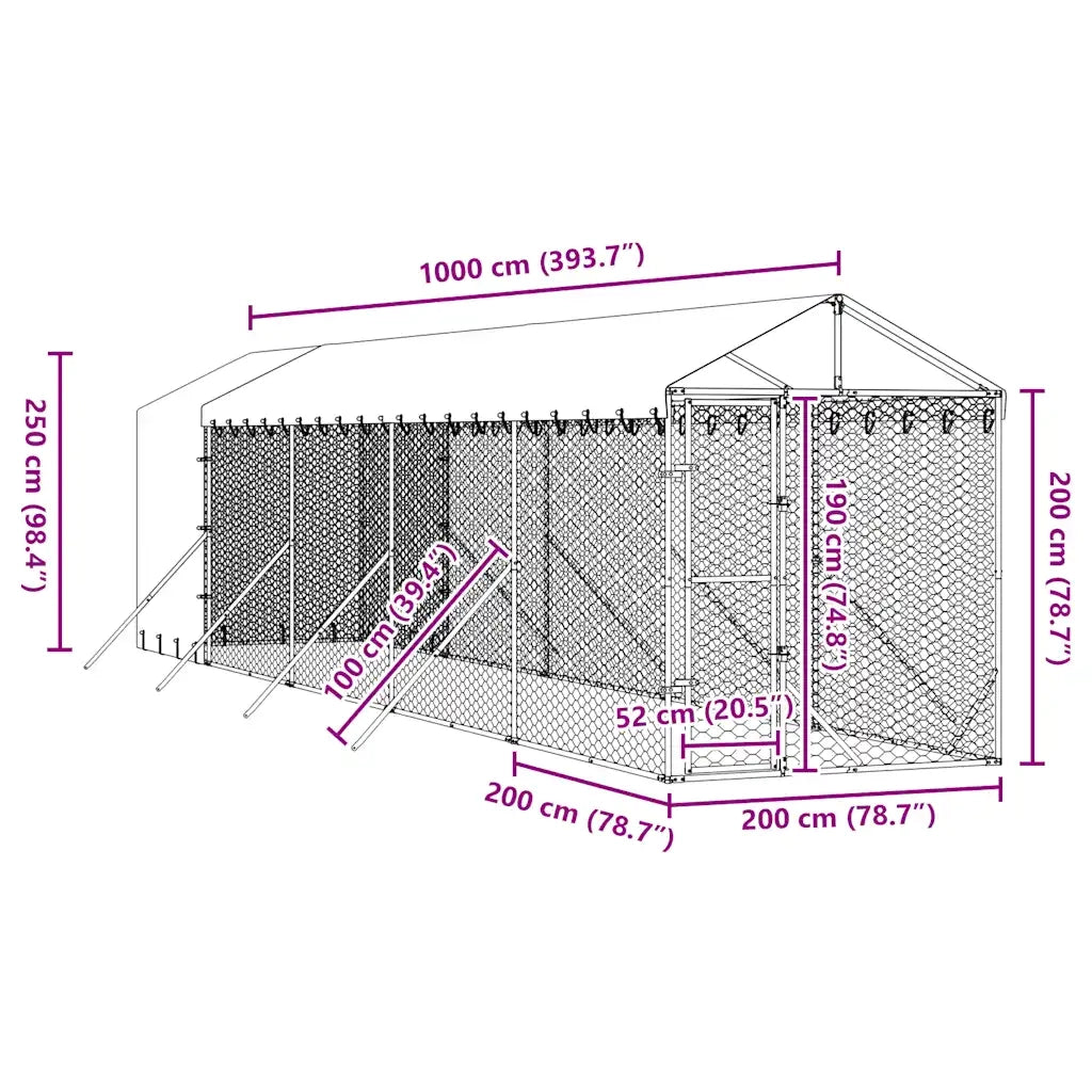 Cuccia Cani da Esterno Tetto Argento 2x10x2,5 m Acciaio Zincato 3190492