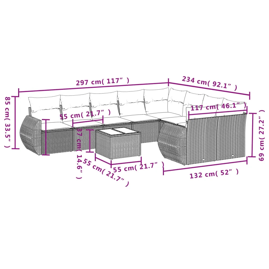 Set Divani da Giardino 10pz con Cuscini in Polyrattan Nero 3254183