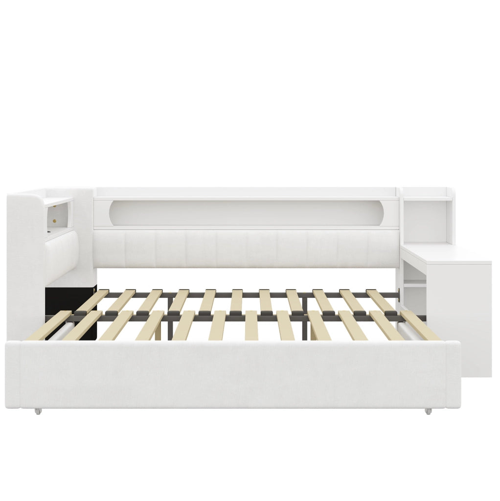 Divano Letto Imbottito Bianco 90x200 cm con Letto Estraibile 180x200 cm, USB, LED e Scrivania Integrata
