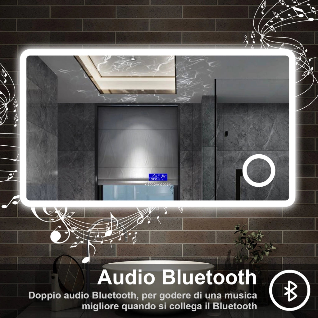 specchio rettangolare 120x70 cm con luce dimmerabile a 3 colori, bluetooth, antiappannamento e ingranditore 3x