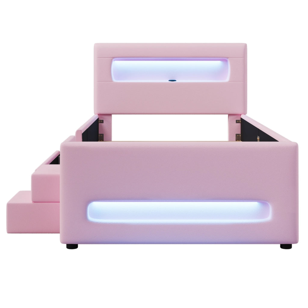 Letto a piattaforma imbottito 90x200 cm con LED; cassetto e rivestimento PU rosa