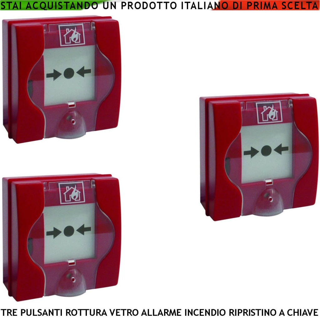 PULSANTI ROTTURA VETRO ROSSI 3 PEZZI PER ALLARME INCENDIO CON RIPRISTINO A CHIAVE SBLOCCA PORTE REI EN 54-11 CPD