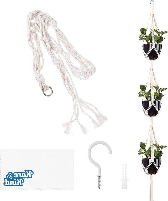 Macramé trellis per piante a 3 livelli con chiodo, bottone di espansione e panno di pulizia - display a 3 vaschette in tessuto di canapa per vasi e piante da appartamento e da esterno