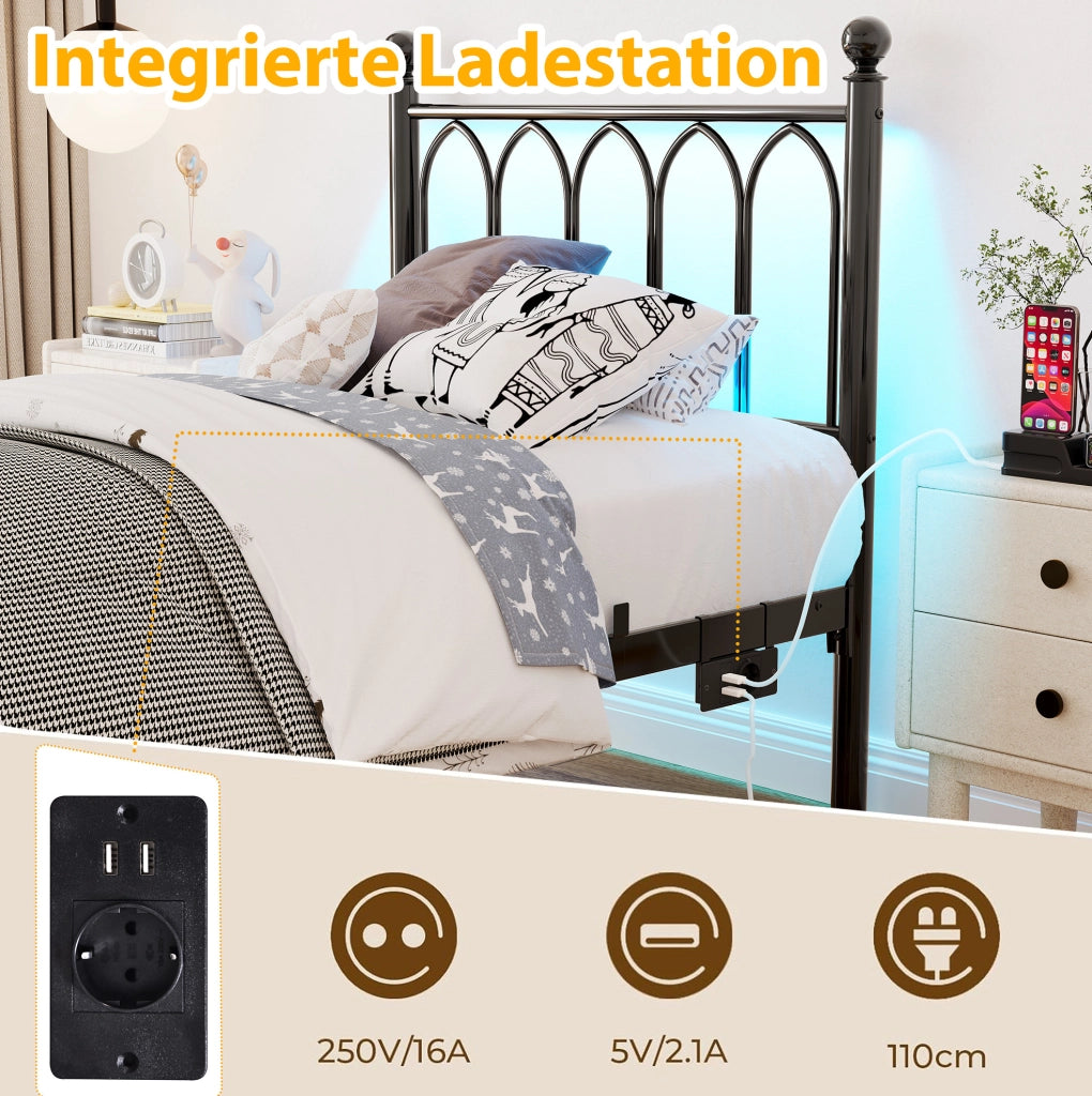 Letto singolo 90x200 cm in metallo con LED e ricarica USB
