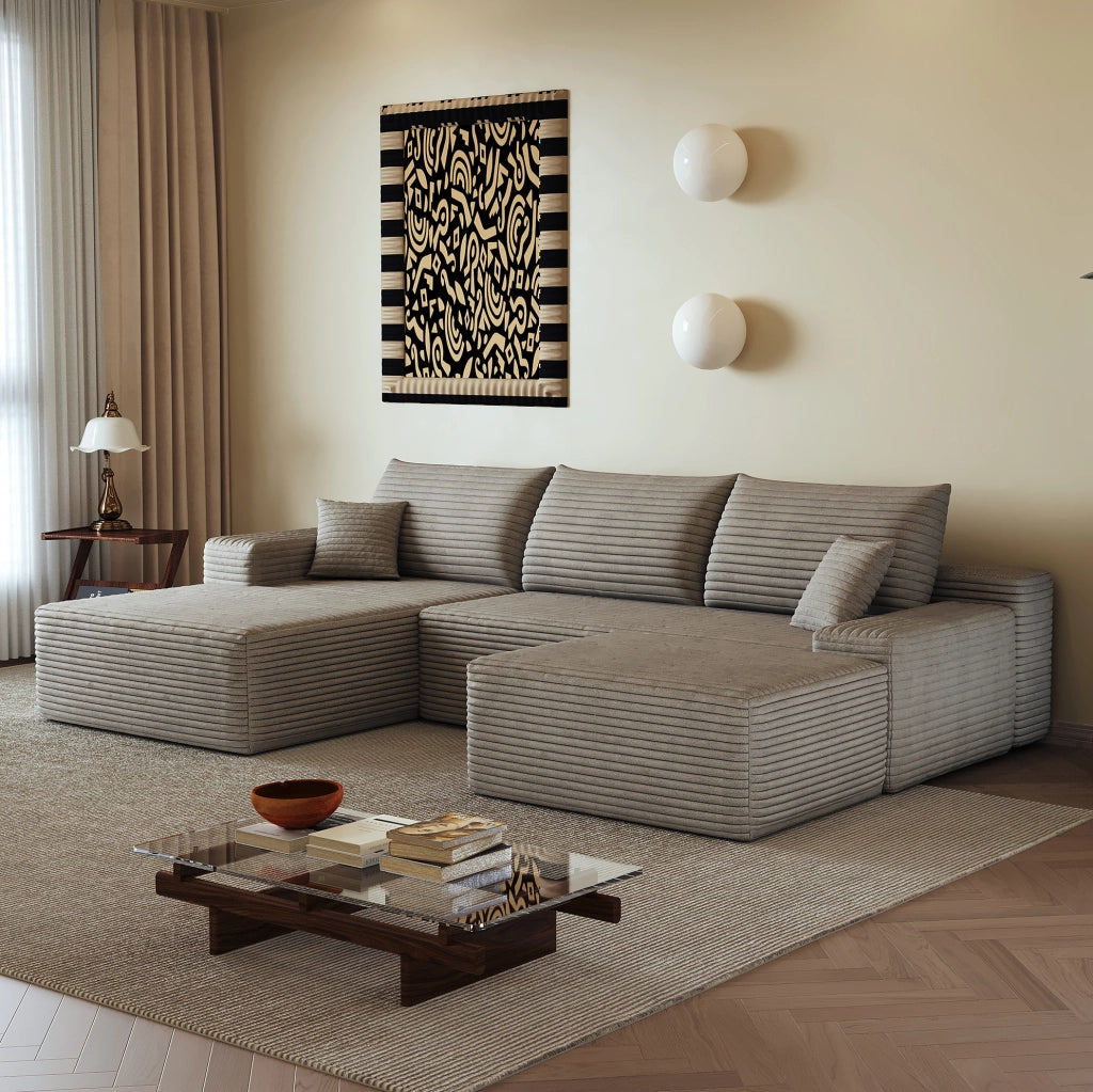 Divano in tessuto a coste rigate, 270 x 175 x 83 cm, Camel