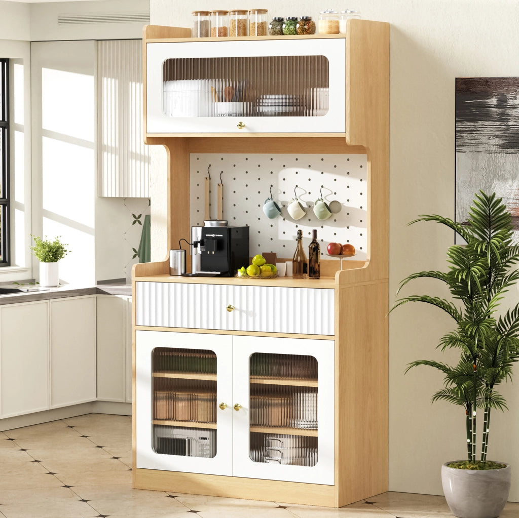 Credenza 80x40x180 cm con ripiani regolabili; cassetto; illuminazione LED; MDF e pannello truciolare; naturale e bianco