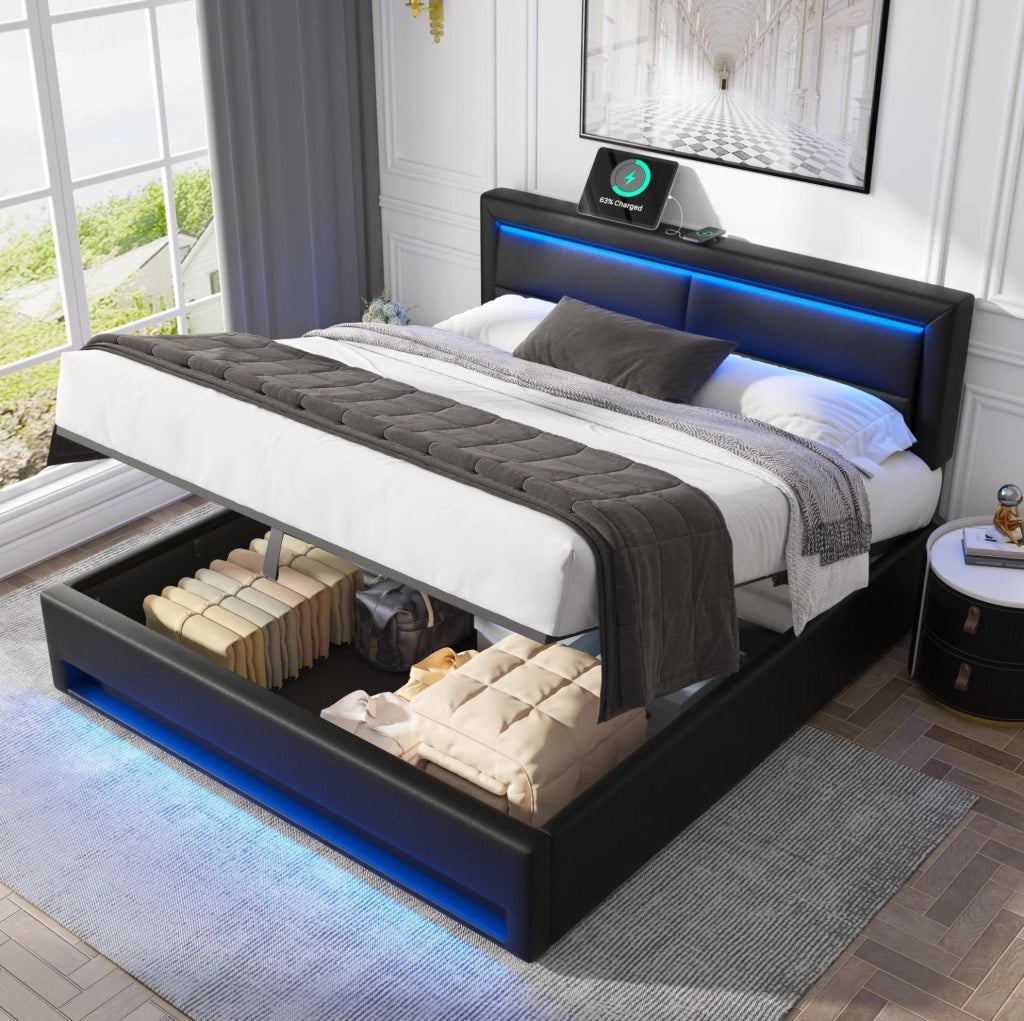 Letto imbottito 160 × 200 cm con contenitore; LED; USB e ricarica wireless; PU nero
