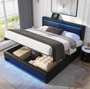 Letto imbottito 160 × 200 cm con contenitore; LED; USB e ricarica wireless; PU nero