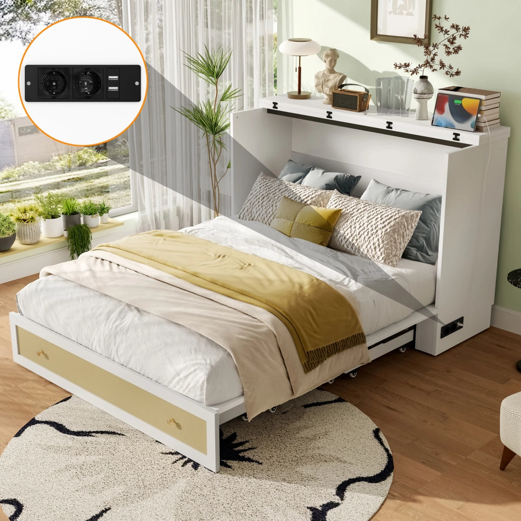 Letto matrimoniale 140×200 cm con cassetti; USB; presa e ripiano; senza materasso; MDF; bianco