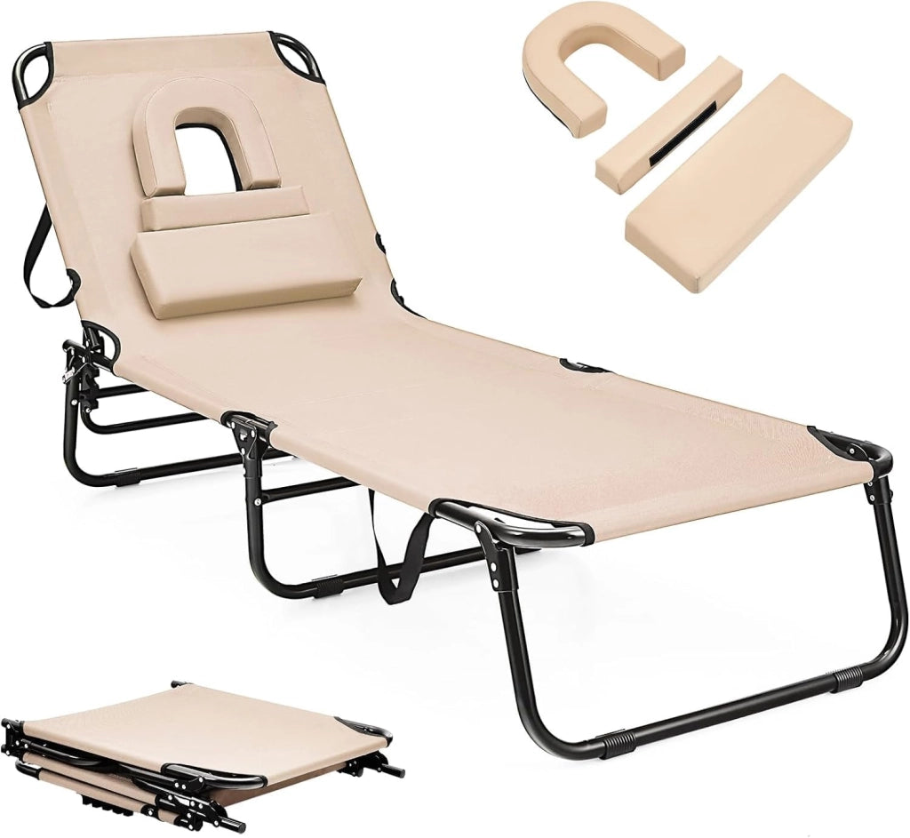Lettino Prendisole da Giardino con Schienale Regolabile, Sdraio da Esterno in Tessuto Oxford con 3 Cuscini Rimovibili e Foro per Viso, Pieghevole e Portatile (Beige)