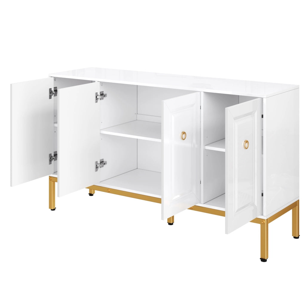 Credenza bianca lucida con gambe in metallo dorato e ripiani regolabili per soggiorno, 140 × 40 × 80 cm