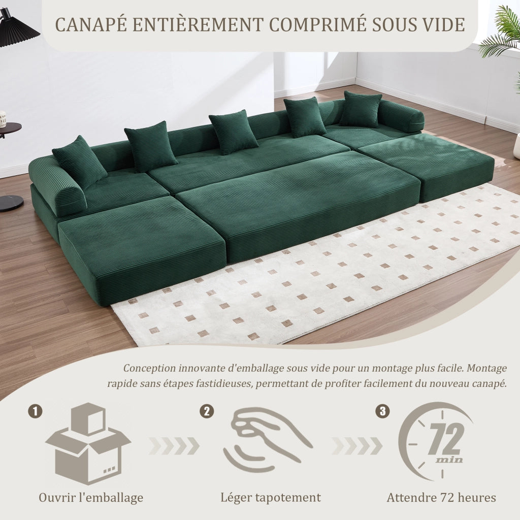 Canapé modulare con tasca laterale e funzione letto in velluto a coste verde smeraldo 270 × 180 × 64 cm