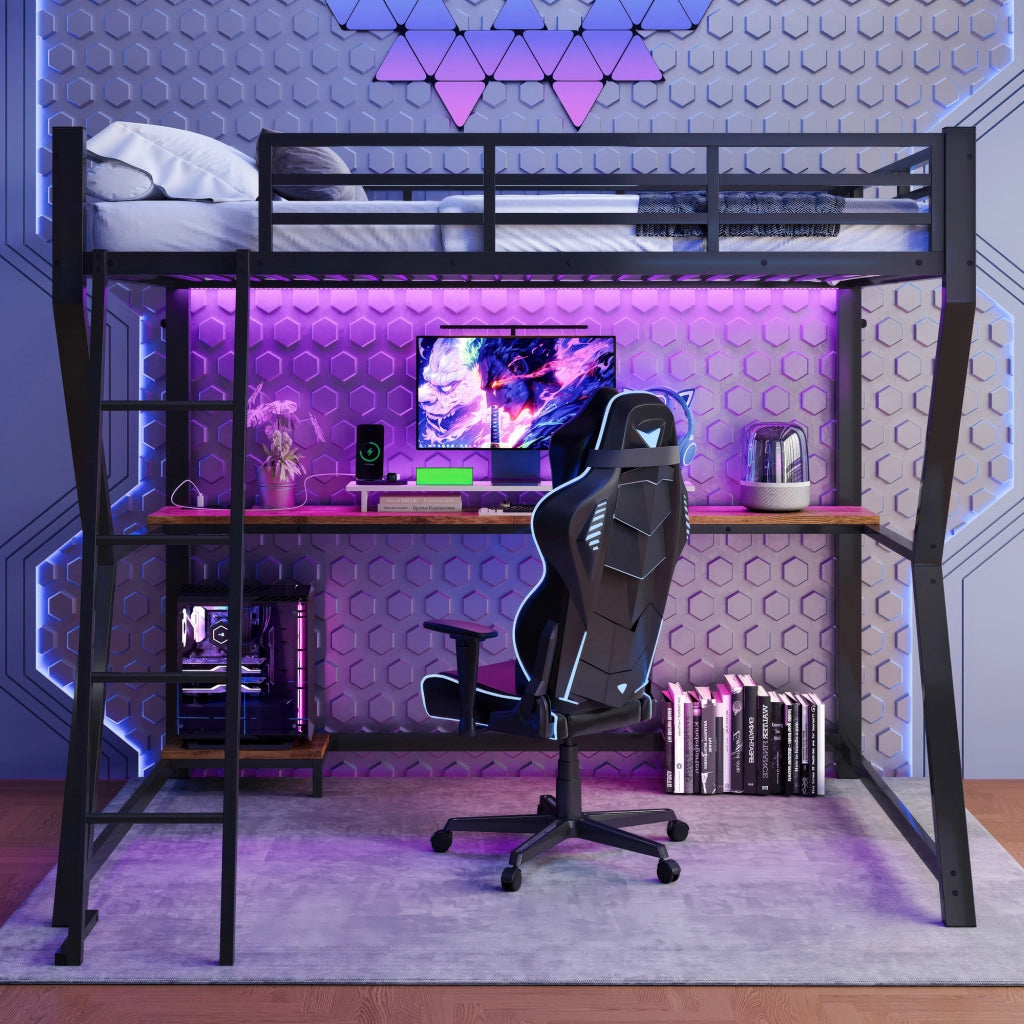 OKWISH Letto a Soppalco 90×200 cm, Letto Singolo con LED Regolabile, Scrivania, Ripiano PC e Presa, USB e Sponda, senza Materasso, Nero