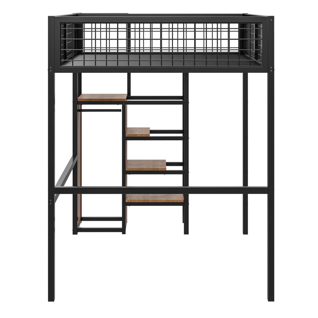 OKWISH Letto a Soppalco 140×200 cm, Letto Matrimoniale con Scala, Mensole e Armadio, senza Materasso, in Metallo, Nero