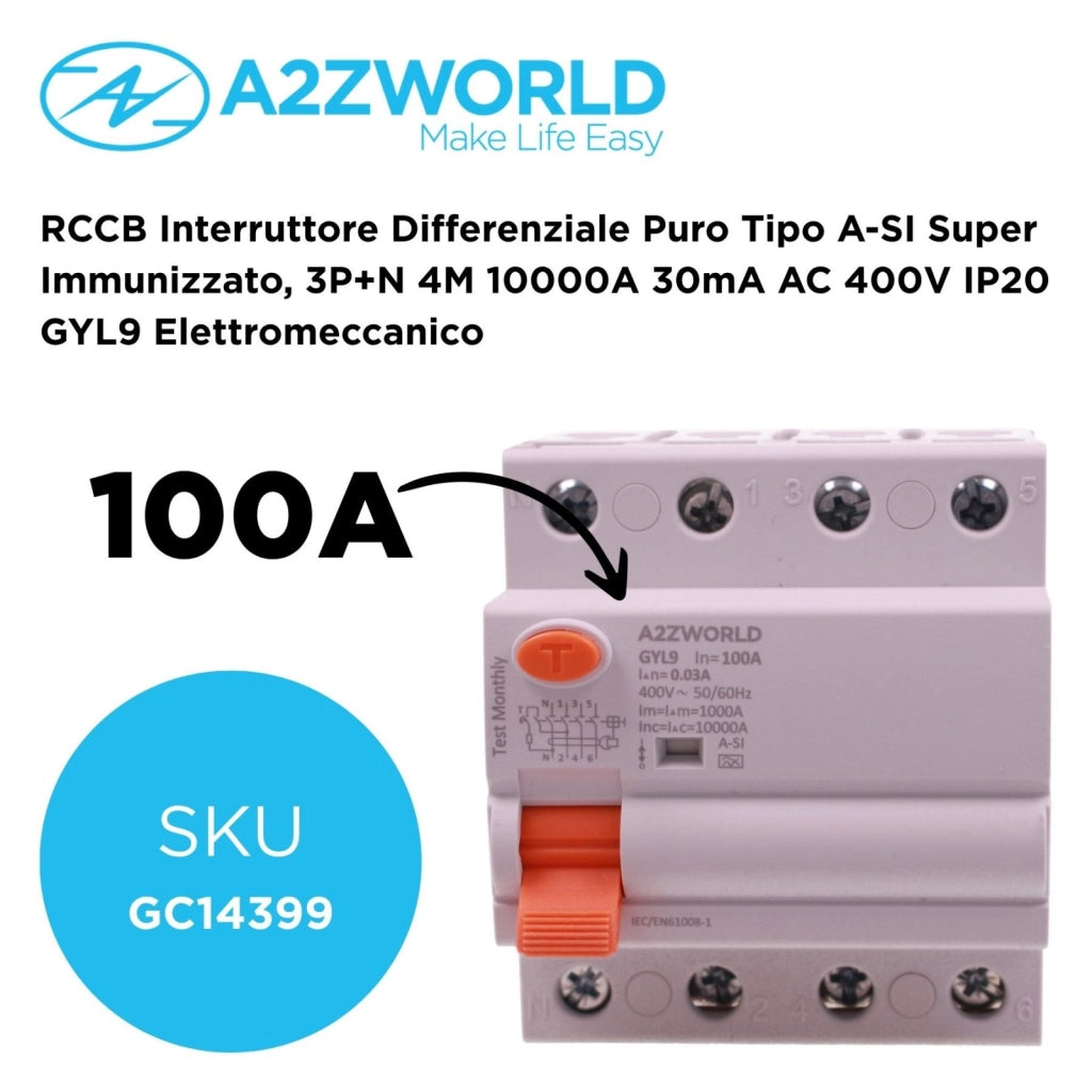 RCCB Interruttore Differenziale Puro Tipo A-SI Super Immunizzato, 3P+N 4M 10000A 30mA AC 400V IP20 GYL9 Elettromeccanico, Corrente Disponibili 40A 63A 100A (100A)