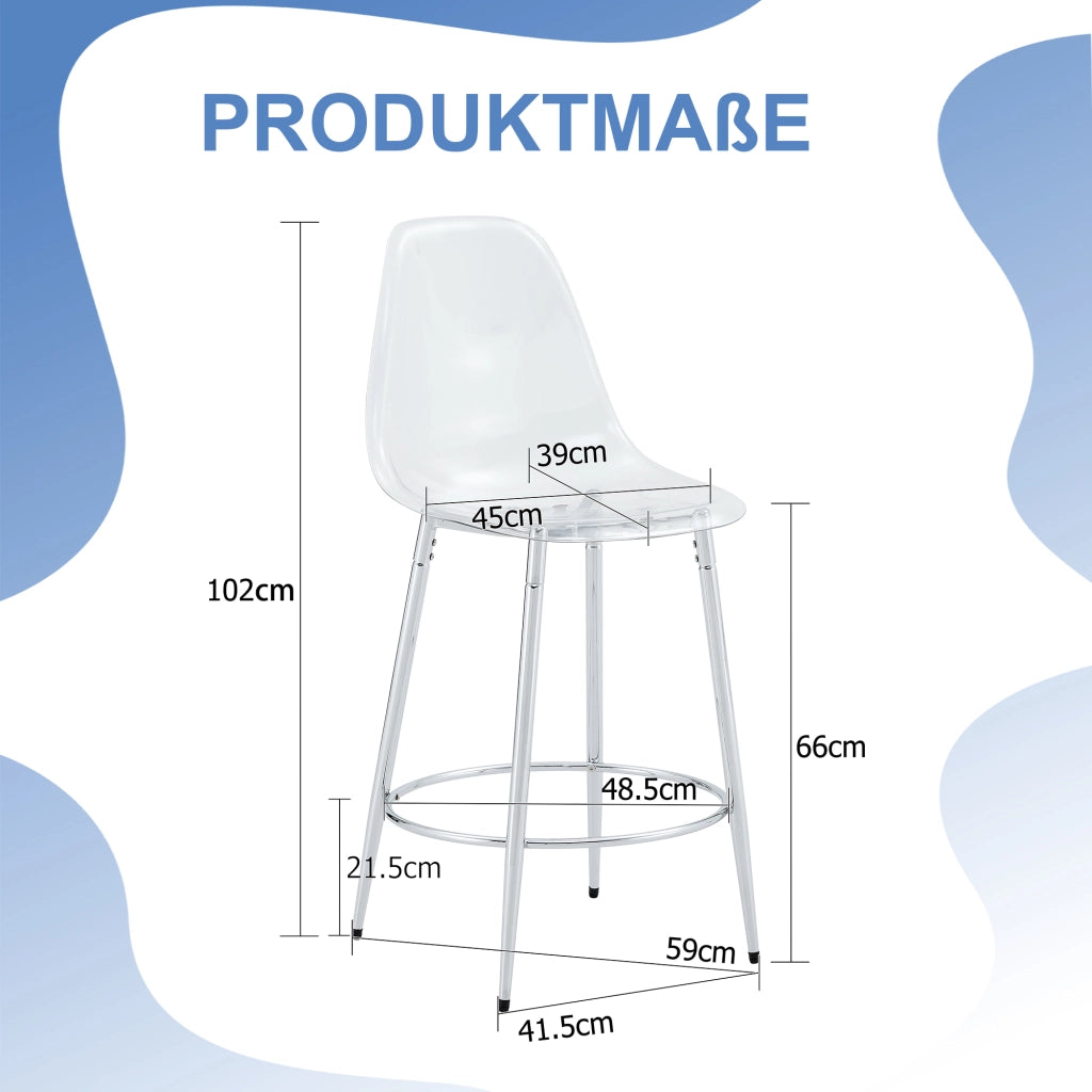 Sgabello da bar trasparente set di 2 con schienale ergonomico e struttura in metallo, effetto leggero argento