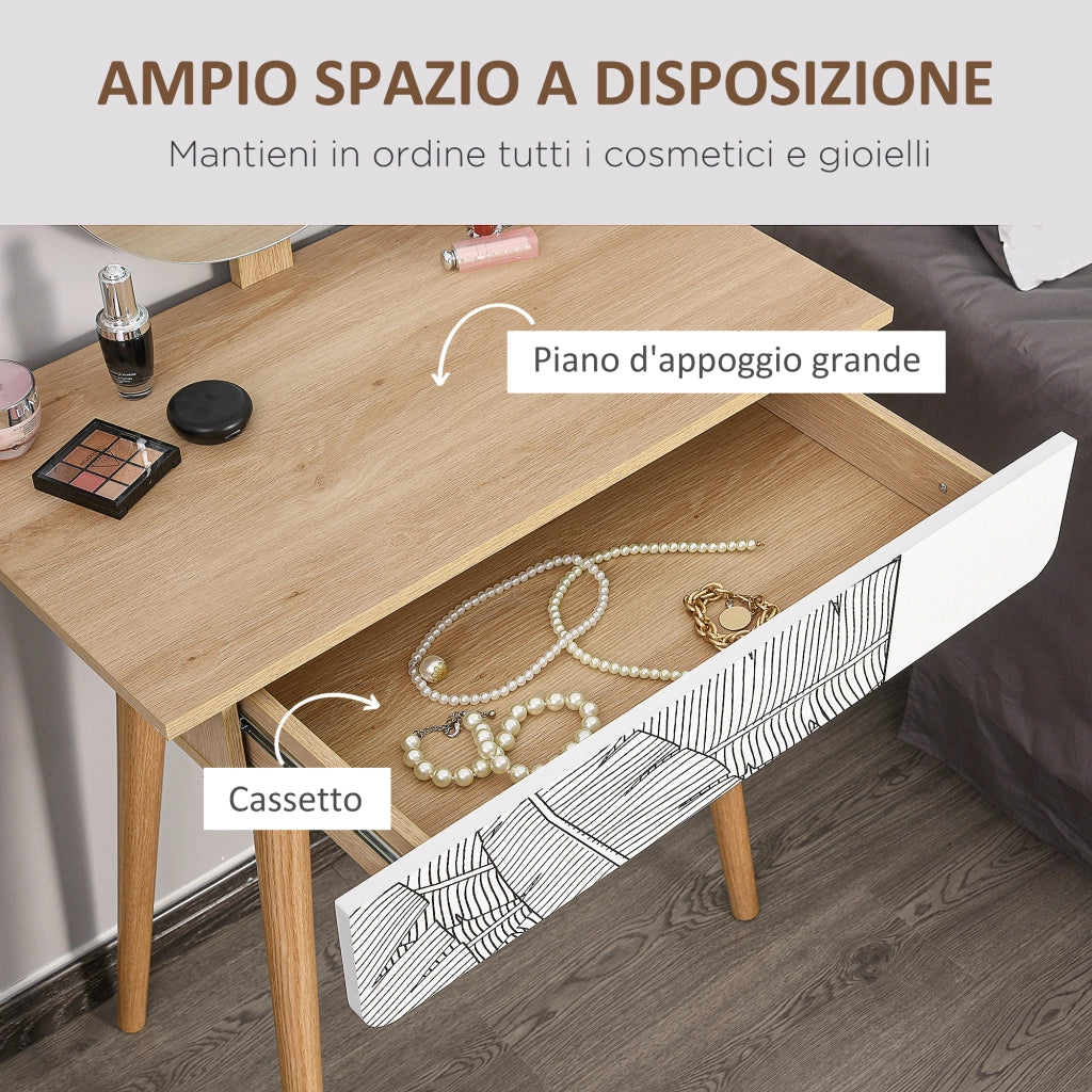 Postazione Trucco con Specchio Circolare ¨C zephmum ¨C Bianco e Rovere, 70x39x119-128cm