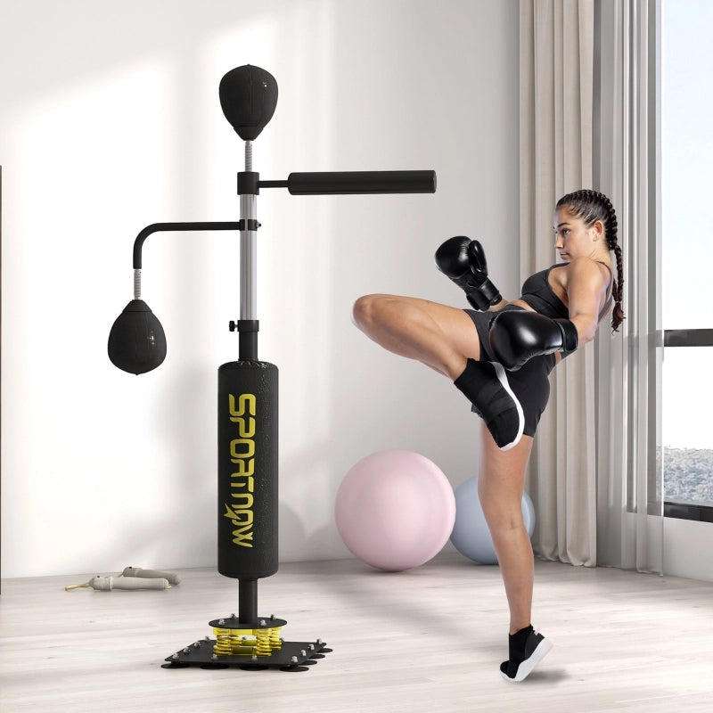 Supporto per boxe, due speedball, barra girevole per boxe, cuscinetti per calci, altezza regolabile, acciaio, 107 x 36 x 140-205 cm, nero