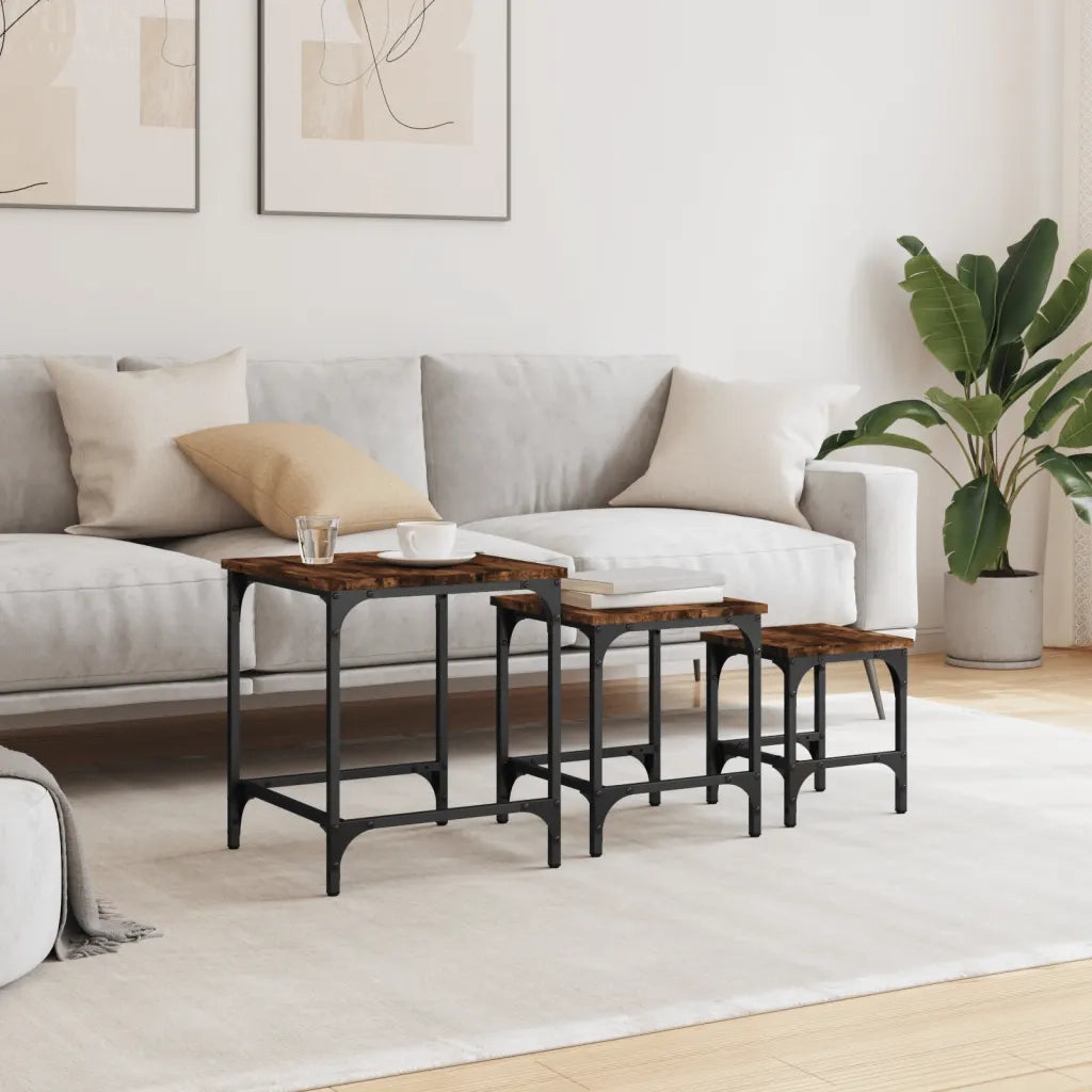 Tavolini Impilabili 3 pz Rovere Fumo in Legno Multistrato 838935