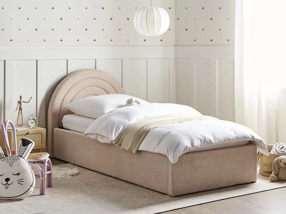 Letto singolo con testiera semicircolare in bouclé beige 90x200 cm base a doghe Testiera a Mezza Luna con contenitore