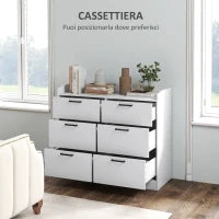 Cassettiera 6 Cassetti in Legno con Bordi Rialzati e Maniglie a U, 100x40x88 cm, Bianco