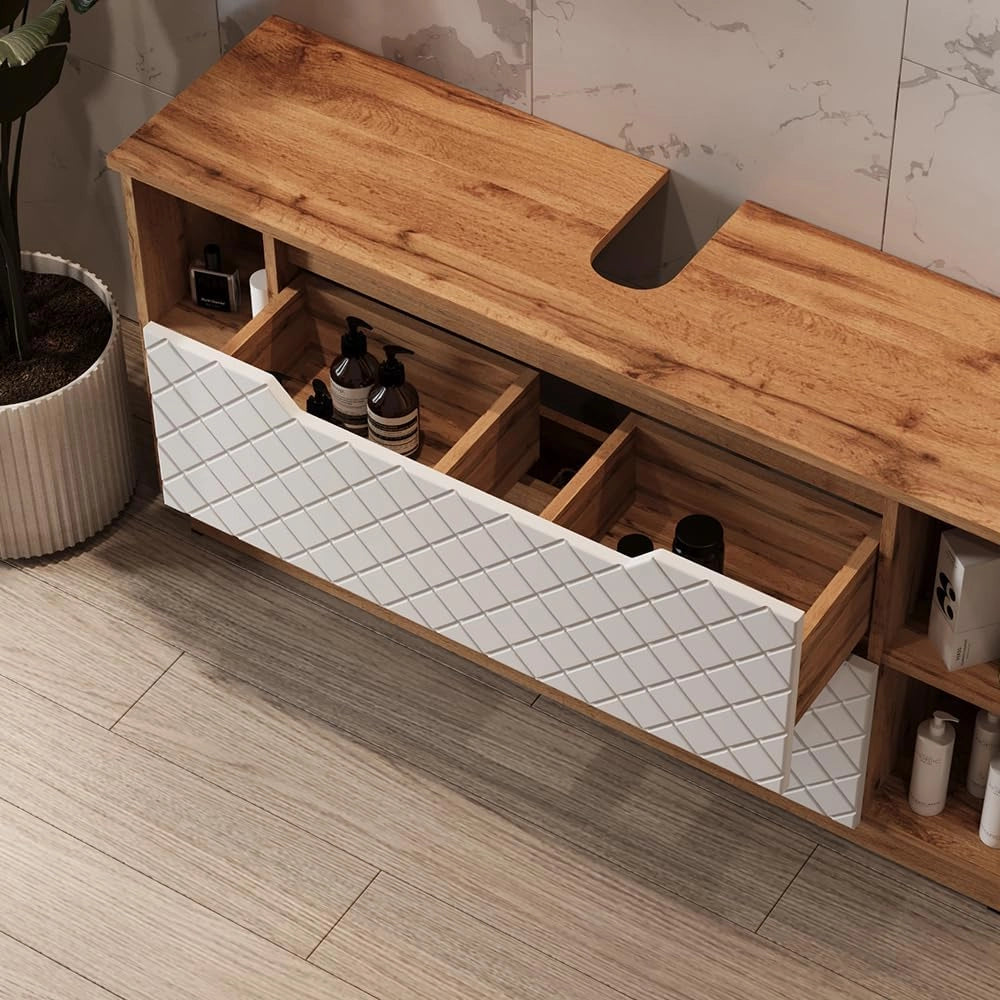 Mobile sottolavabo per bagno Lotta, Rovere/bianco con struttura in piastrelle, 119.2 x 62.5 cm con 2 cassetti