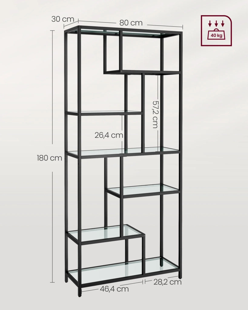 Libreria/scaffale portaoggetti a 6 ripiani con porta piante 30 x 80 x 180 cm vetro temperato per ufficio soggiorno camera da letto cucina nero 12_0005709