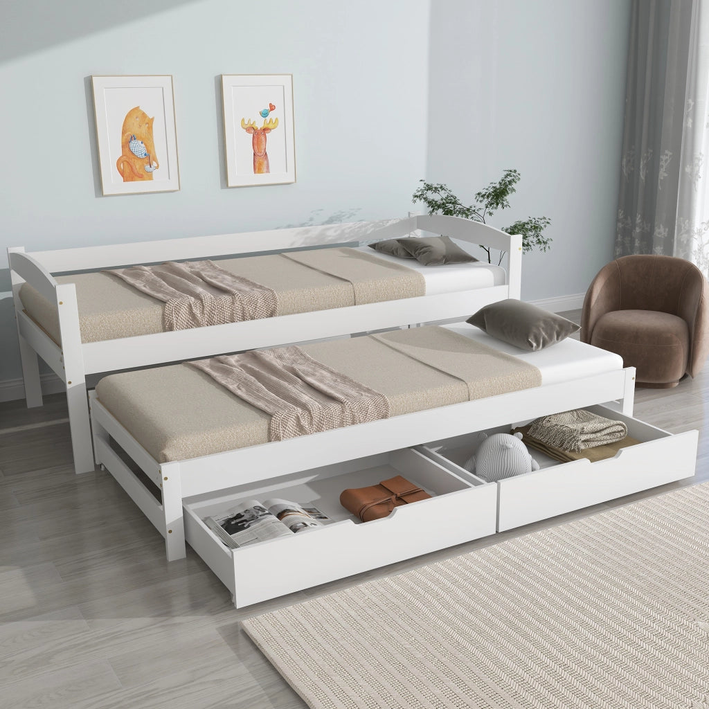 Letto a scomparsa singolo e matrimoniale con letto estraibile, 2 cassetti in MDF, struttura in legno massello bianco