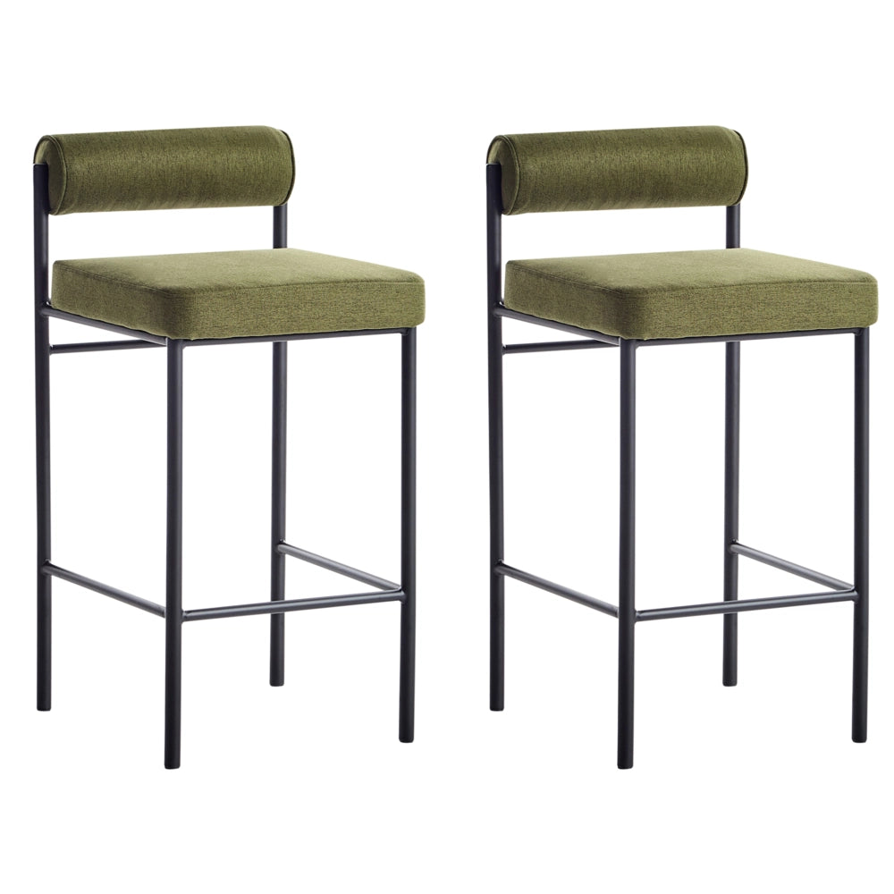 Set di 2 sedie da bar Rivestimento in poliestere verde Gambe in metallo nero Sgabelli senza braccioli Schienale arrotolato Cucina moderna sala da pranzo