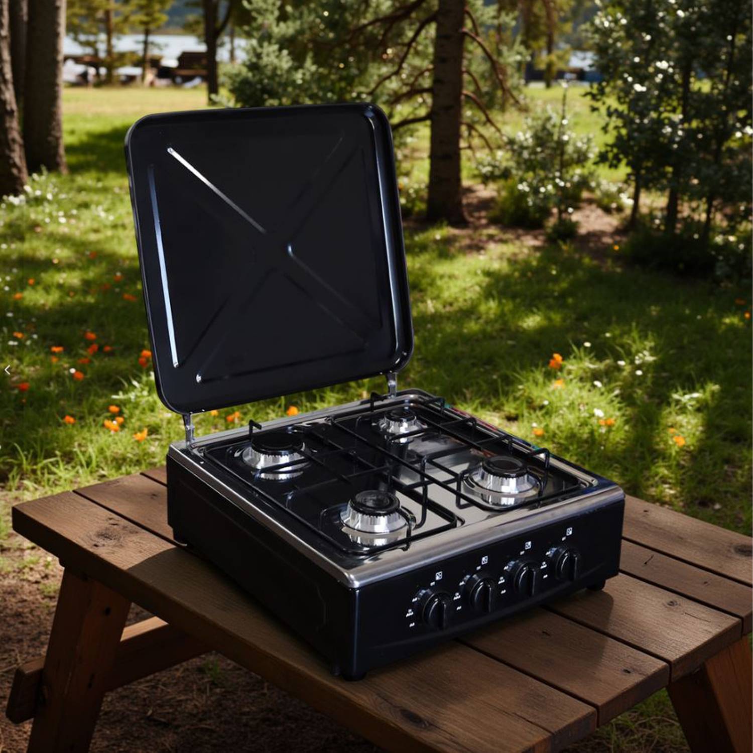 Marvin Fornello a Gas 4 Fuochi da Campeggio Piano Cottura con Coperchio in Acciaio Cucina da Esterno Portatile Piastra I