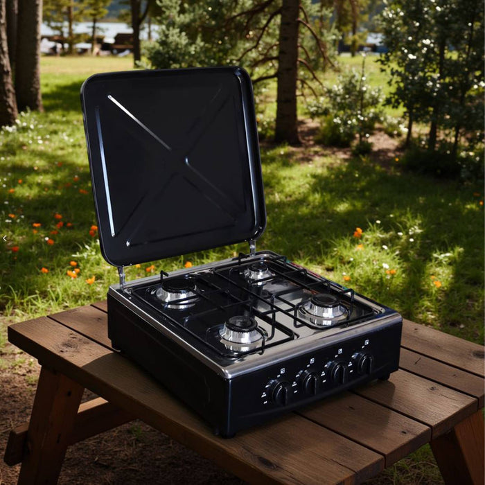 Marvin Fornello a Gas 4 Fuochi da Campeggio Piano Cottura con Coperchio in Acciaio Cucina da Esterno Portatile Piastra I