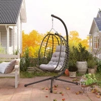Sedia Sospesa in Rattan a Uovo con Cuscino e Poggiatesta, Altezza Regolabile e Seduta Richiudibile, Grigio
