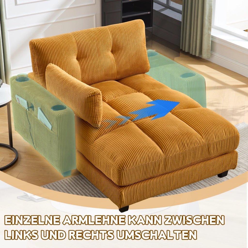 Poltrona Lounge Con USB E Portabevande; Braccioli Reversibili; Cuscino Poggiatesta Regolabile in Velluto A Coste Giallo Senape