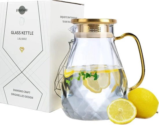 Karaf in vetro con coperchio in acciaio inossidabile, 1,8 litri, per acqua fredda e calda, caraffa trasparente senza perdite, anche per il the.