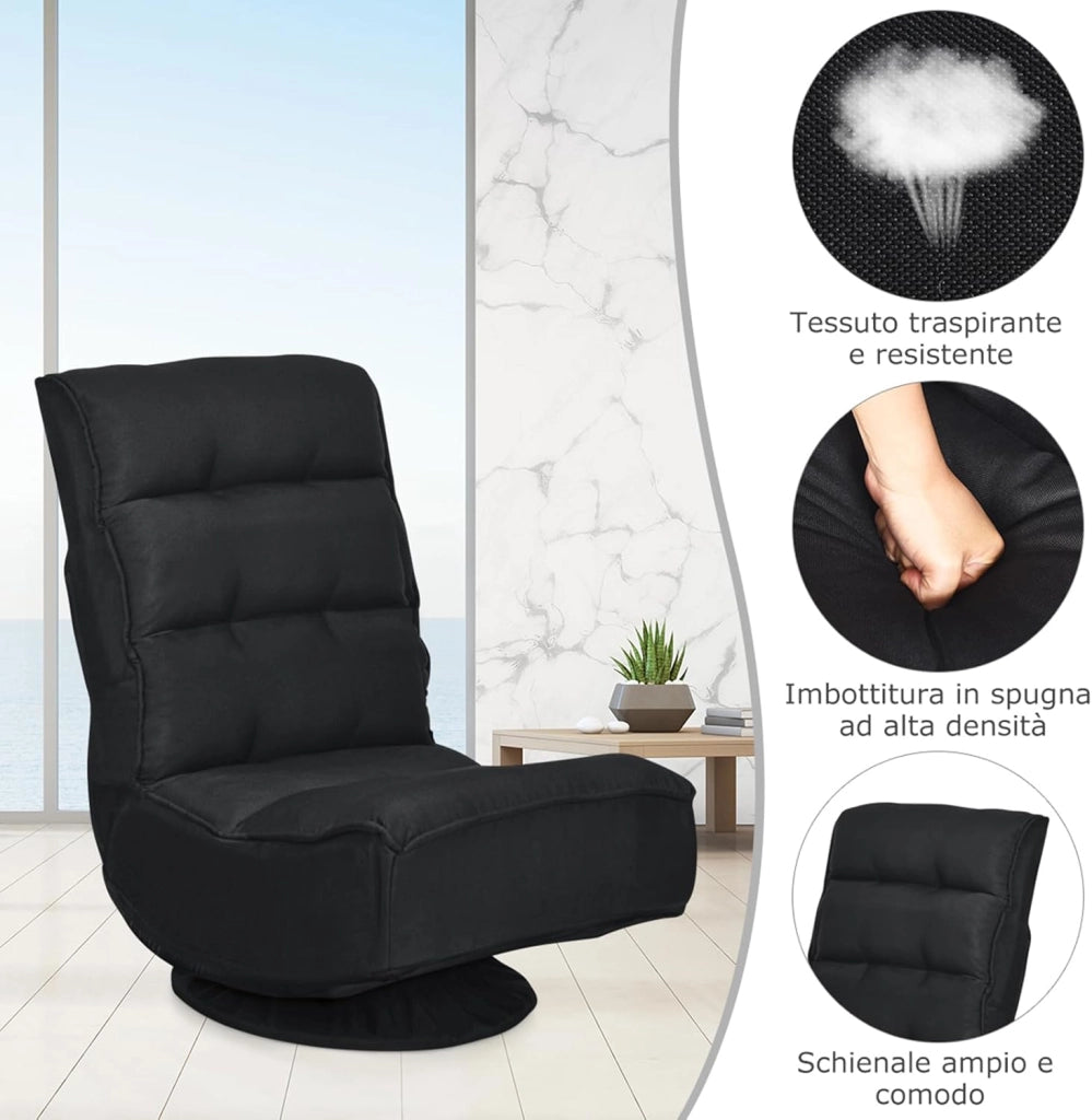 Poltrona Relax da Terra Pieghevole Reclinabile Girevole, Poltrone da Divano per Studio Salotto, con Schienale, Ottima per Rilassarti (Nero)