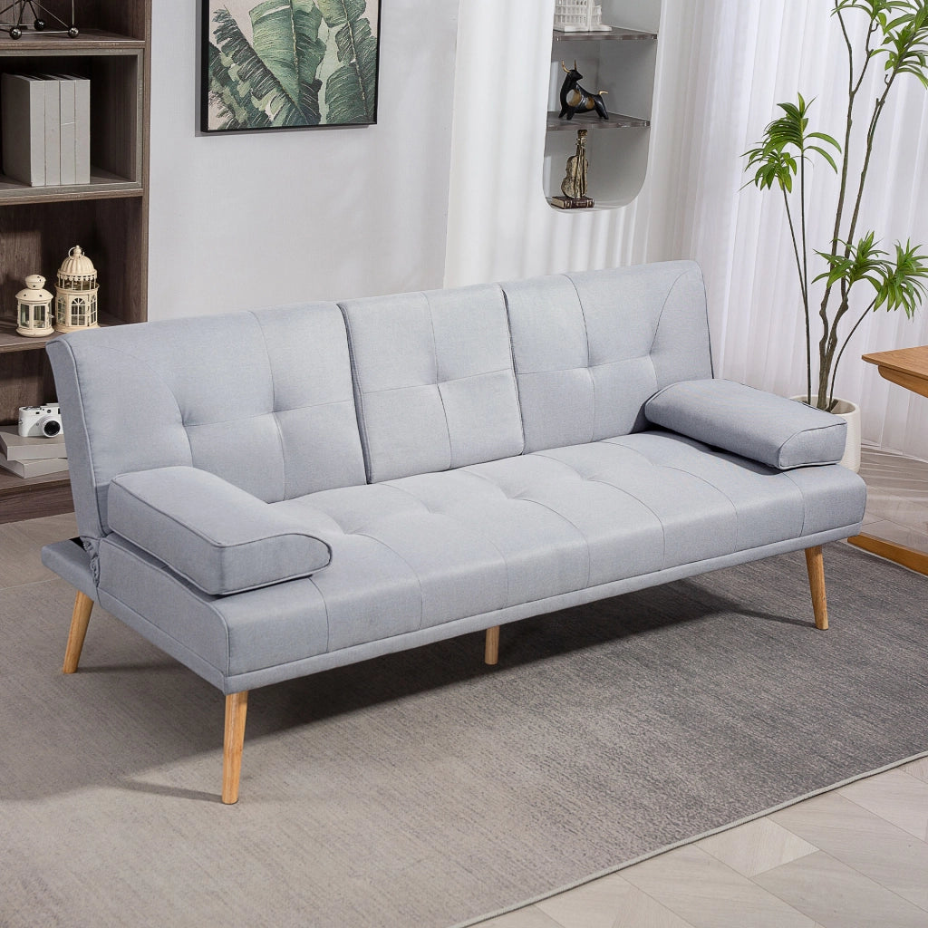 Divano letto 3 posti con tavolino ribaltabile e portabicchieri ¨C Xylo ¨C tessuto lino grigio chiaro