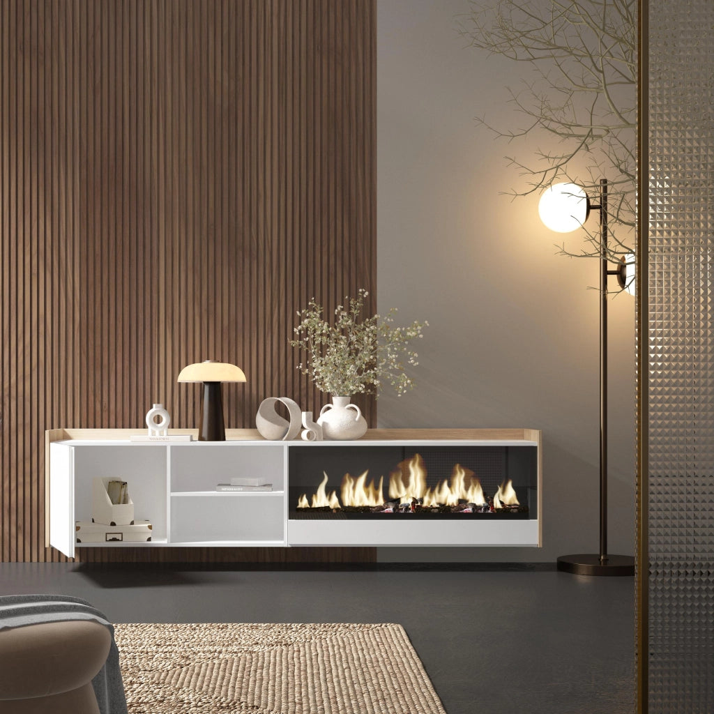 Mobile TV Soggiorno, 212x50x35 cm, Per TV fino a 80", Camino elettrico XXL, Sospeso, da appendere, Bianco e Rovere soft