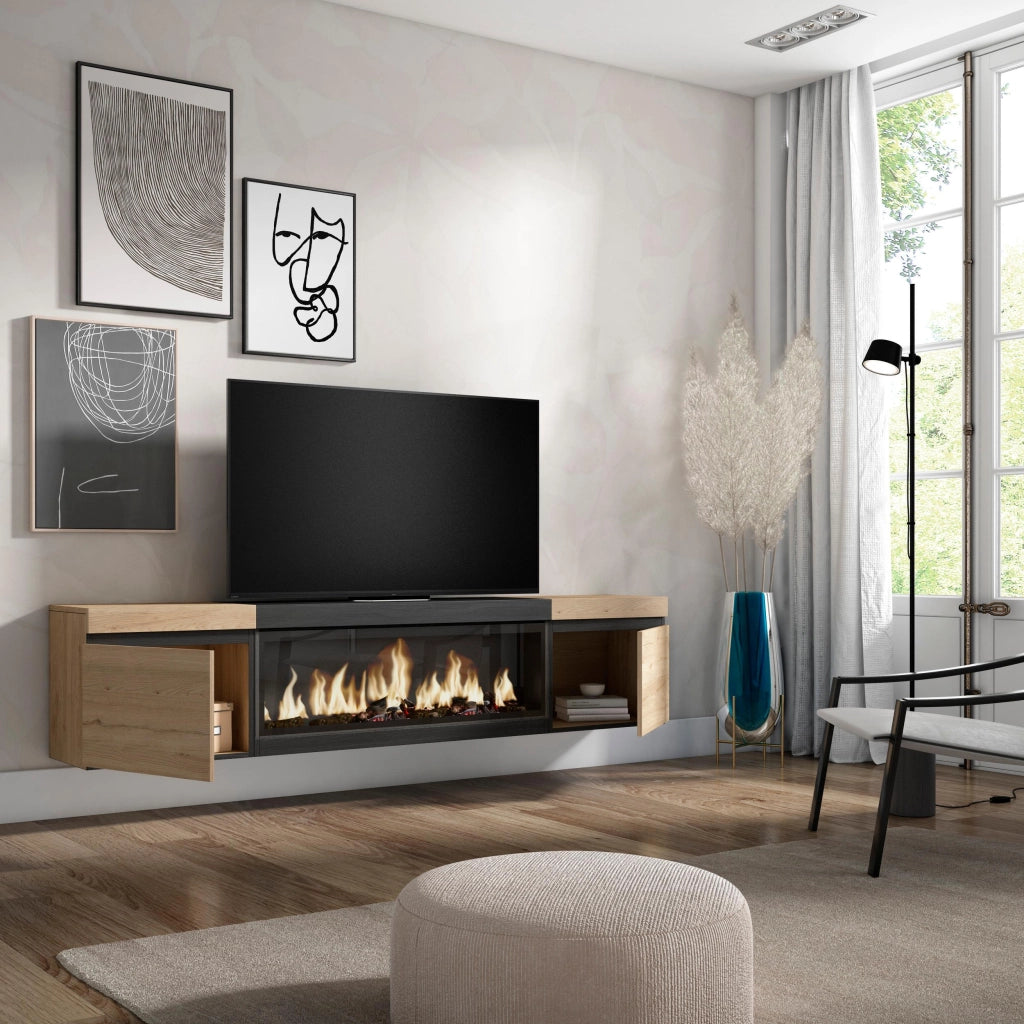 Mobile TV Soggiorno, 208x35x45cm, Per TV fino a 80", Camino elettrico XXL, da appendere, colore Rovere e nero RF3271