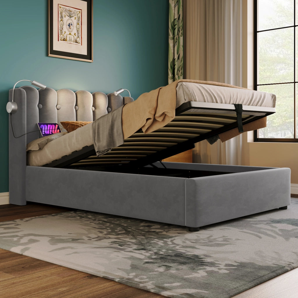 DESMIU Letto Singolo 90 × 200 cm con contenitore, luce da lettura e USB, materasso incluso, in velluto, grigio