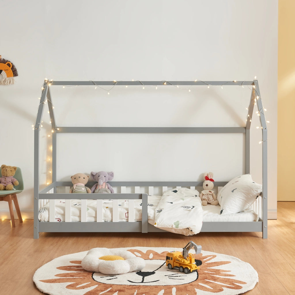 Letto Singolo Hesel per Cameretta a Forma di Casetta 90 x 200 cm Grigio [en.casa]