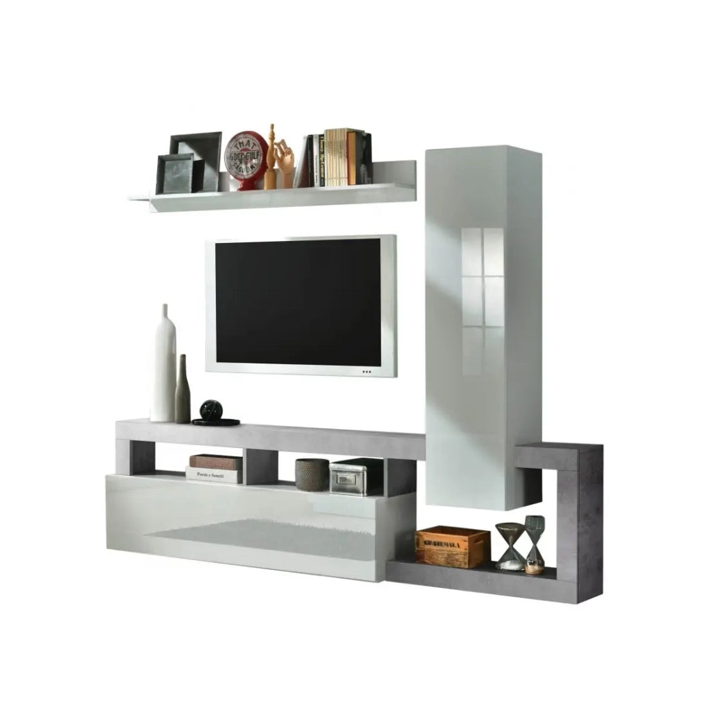 Set di mobili per soggiorno con contenitori, collezione BURA, lunghezza 219 cm, bianco lucido/grigio cemento