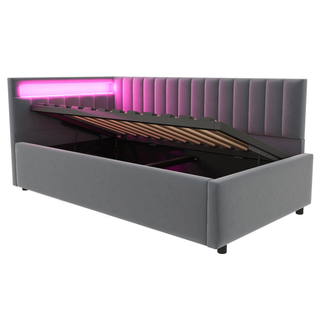 Divano letto 90x200 cm con LED e contenitore; velluto grigio (Senza materasso)